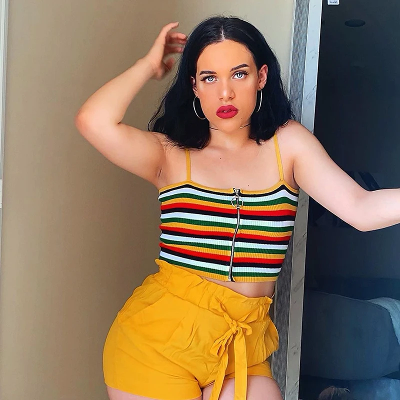 Cute Rainbow Stripes Printed Sexy Women Crop Tops Zipper Harajuku Camis Tops Backless Summer Tops Hot Holiday Cuteandpsycho