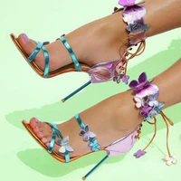 sandalias mujer 2022 mirror pink butterfly sandals metal thin high heels summer ankle strap lace up party wedding shoes woman