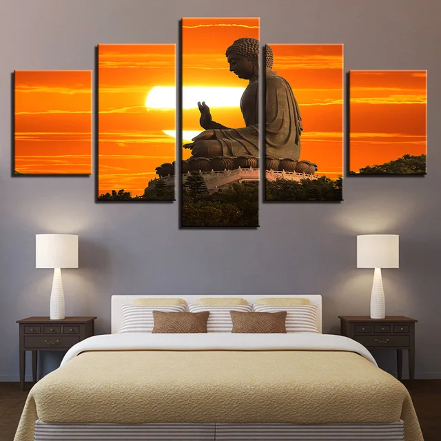 

Buddhism Decor Painting for Living Room Wall Art Sunset Buddha Pictures Modular Hd Prints 5 Pieces Poster Home Decor