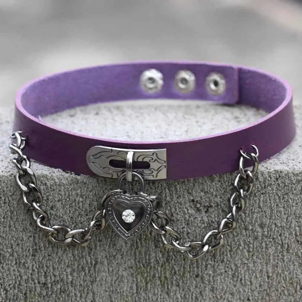 Purple Модная женская бижутерия ожерелье панк цепочка готическое сердце чокер Harajuku из искусственной кожи Воротник Макси аниме ожерелья ювелирные изделия - Окраска металла: Purple