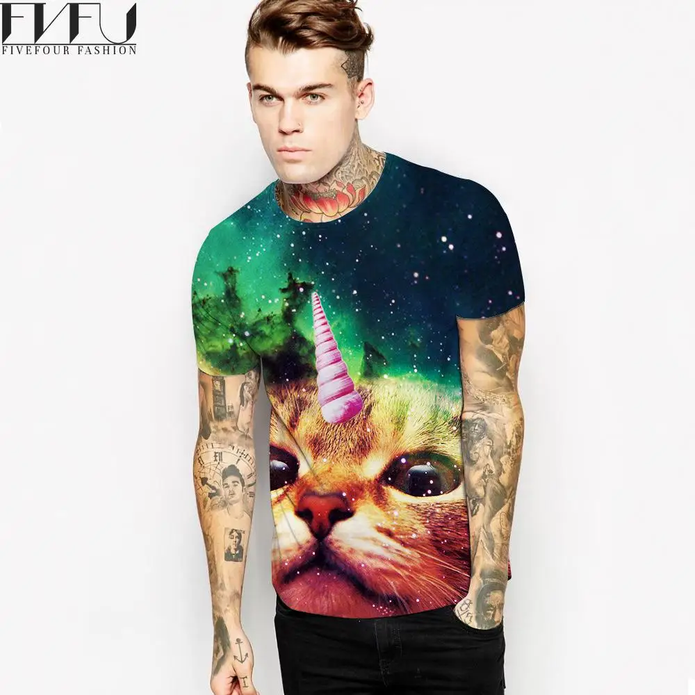 Мода 2017 Лето Футболка Топы Тис Мужчины Galaxy Cat Печати 3D Футболки С Коротким Рукавом