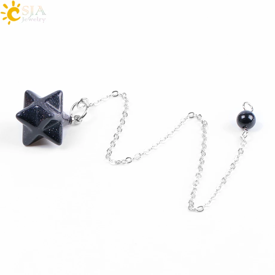 Blue Sand CSJA натуральный драгоценный камень Merkabah маятники для придавая гадания Wicca чакра рейки розовый кристалл лазурит оникс кулон F055 - Окраска металла: Blue Sand