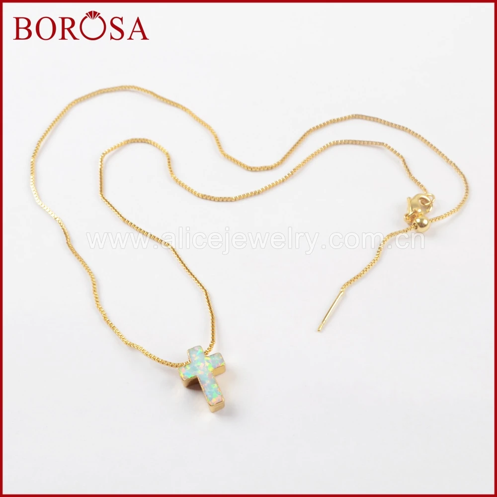 

BOROSA 5/10PCS Gold Color Cross White and Blue Japanese Opal Pendant Necklace, Fashion Man-made Opals Pendant Necklaces G1491