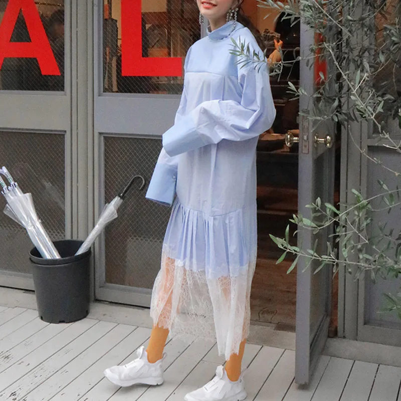 2017 Весна Элегантный Длинным Рукавом Пуловеры Dress Два Носить Кружева Лоскутные