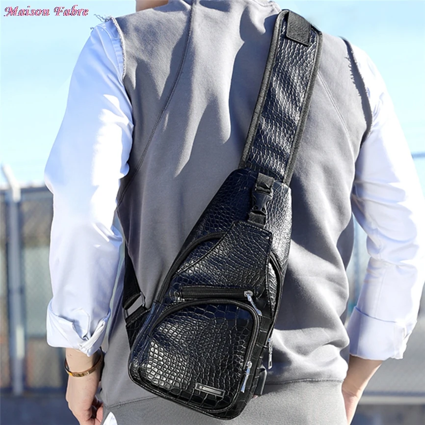 Мужская Диагональная Сумка с крокодиловым узором Спортивная Usb нагрудная сумка