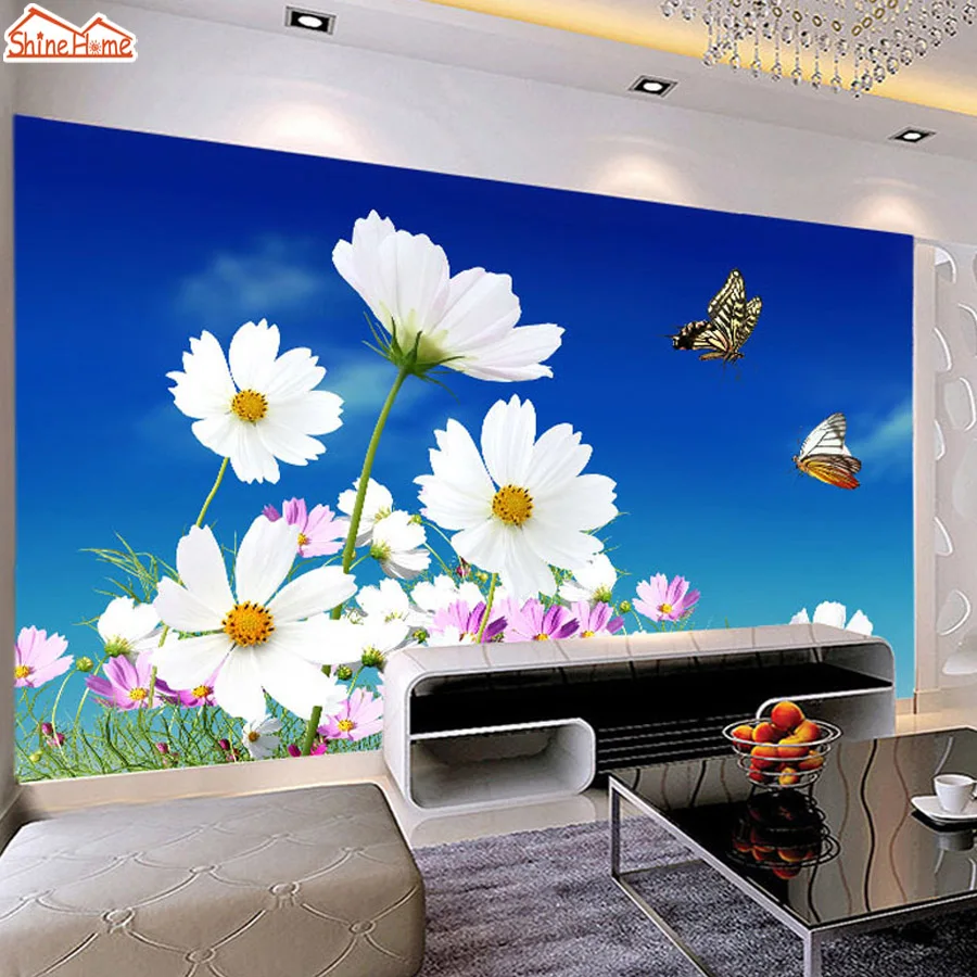 ShineHome Art бабочки летающие в голубое небо цветы обои ванная комната 3d настенная