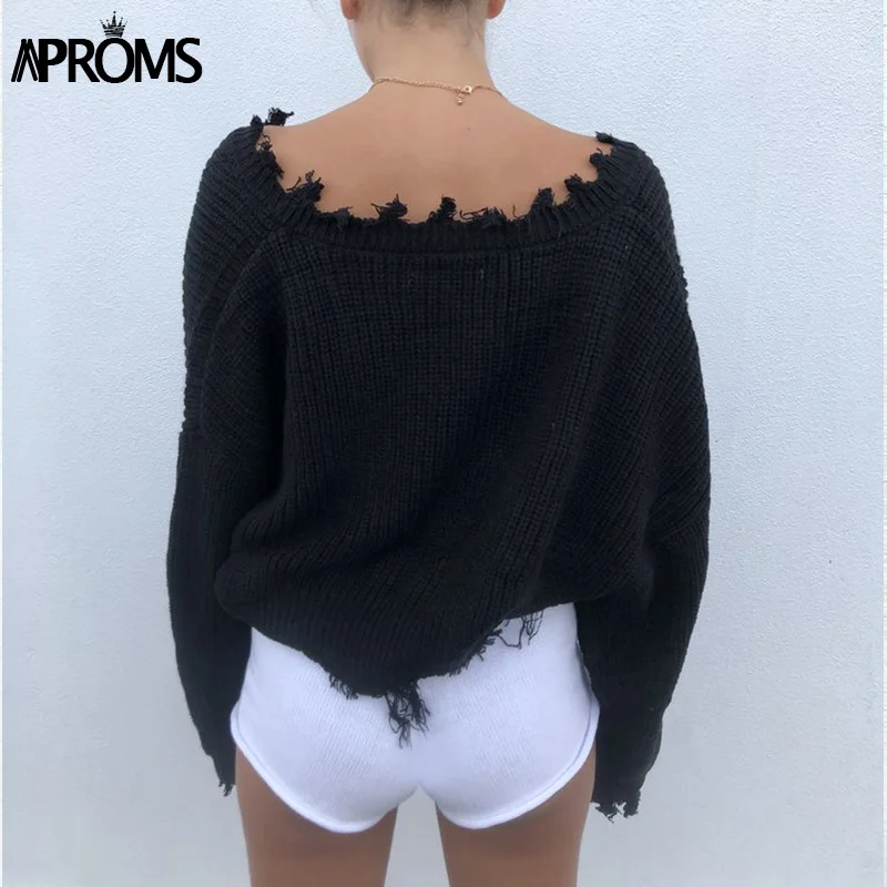 Aproms Chic Глубокий V трикотажный пуловер Женская зимняя обувь белый Ovesize Ленточки вязать крючком свитер Для женщин Укороченный джемпер тянуть вершины