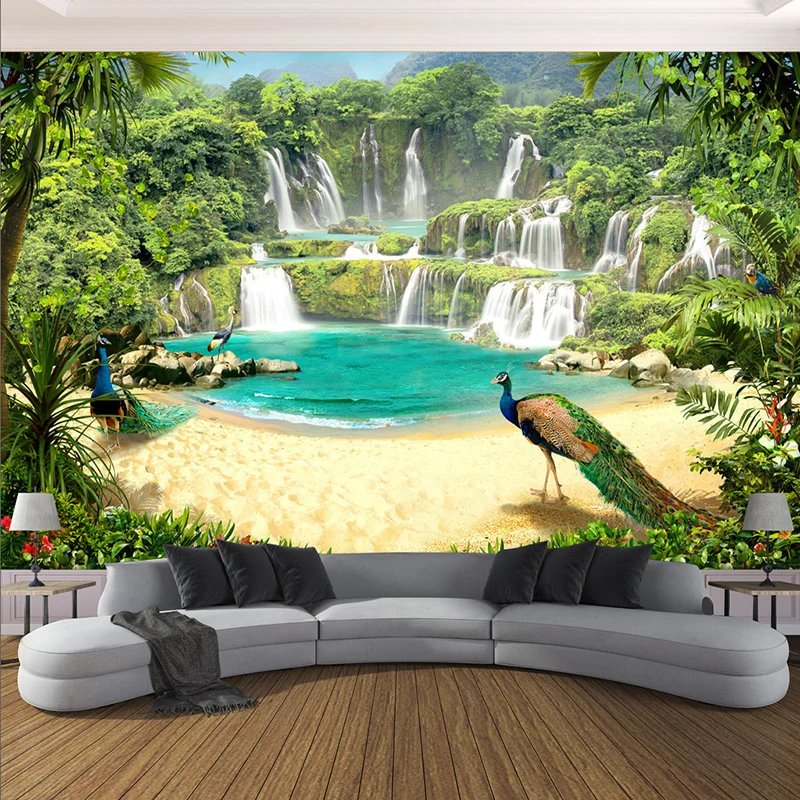 

Custom Murals Wall Paper 3D Nature Landscape Forest Waterfalls Peacock Wall Cloth Living Room TV Sofa Background Wall Painting