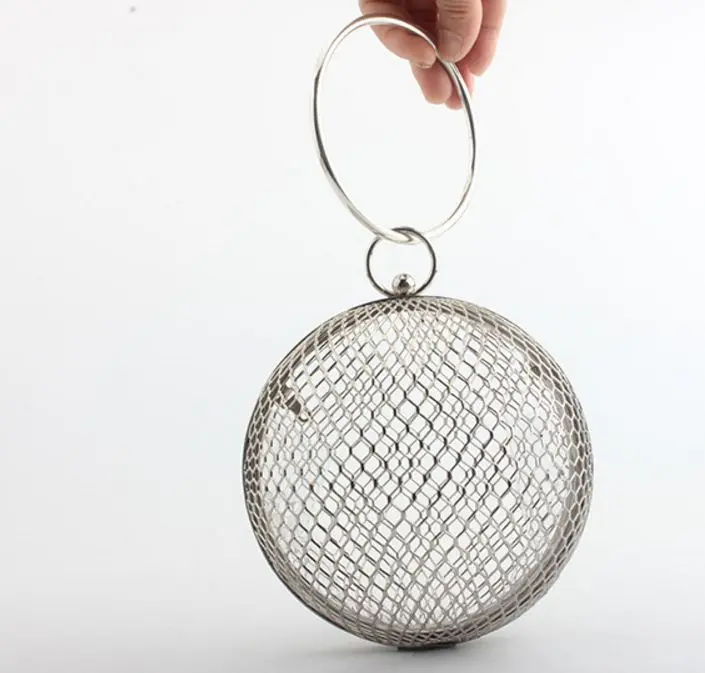 silver with ring Металлический круглый кошелек с вырезами, женские круглые клатчи, сумки через плечо в металлической клетке, Женская вечерняя сумка, вечерние сумки-мессенджеры на цепочке - Цвет: silver with ring