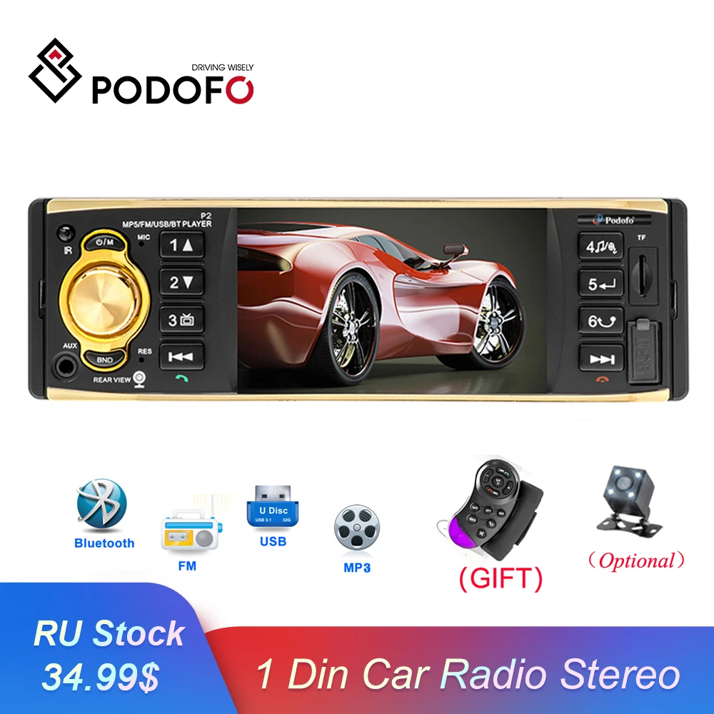 Podofo Авторадио 4019b 1 din MP3 автомобильный радиоприемник проигрыватель аудио стерео USB AUX FM радио станция Bluetooth Камера заднего вида дистанционное управление