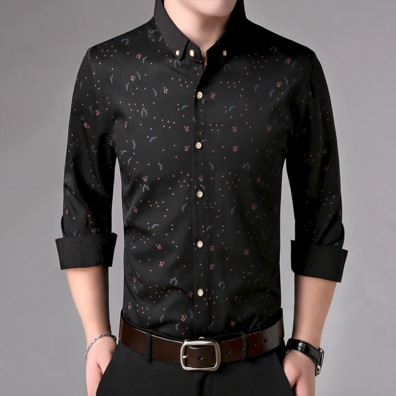 Мужская рубашка с принтом MIACAWOR Весенняя приталенная Повседневная длинным