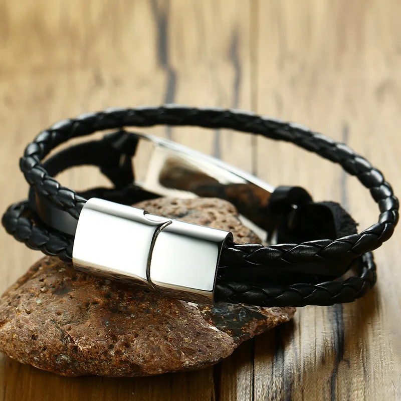 Vnox Free Engraving Customized Info Bracelet for Men Black Multiple Layers Leather Bracelets Bangles 8.46&quot Male Boy Jewelry | Украшения