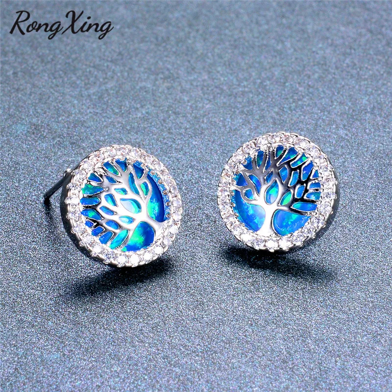 RongXing, мистические круглые радужные серьги-гвоздики дерево, 925 пробы, серебро, заполненные цирконием, Синий/Белый огненный опал, серьги Ear0836