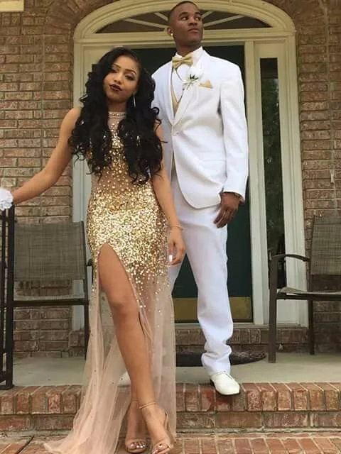 Golden Mermaid Prom Dresses O Neck Sleeveless Gold Beading Sequined High Split Sexy Long Dress 2017 | Свадьбы и торжества