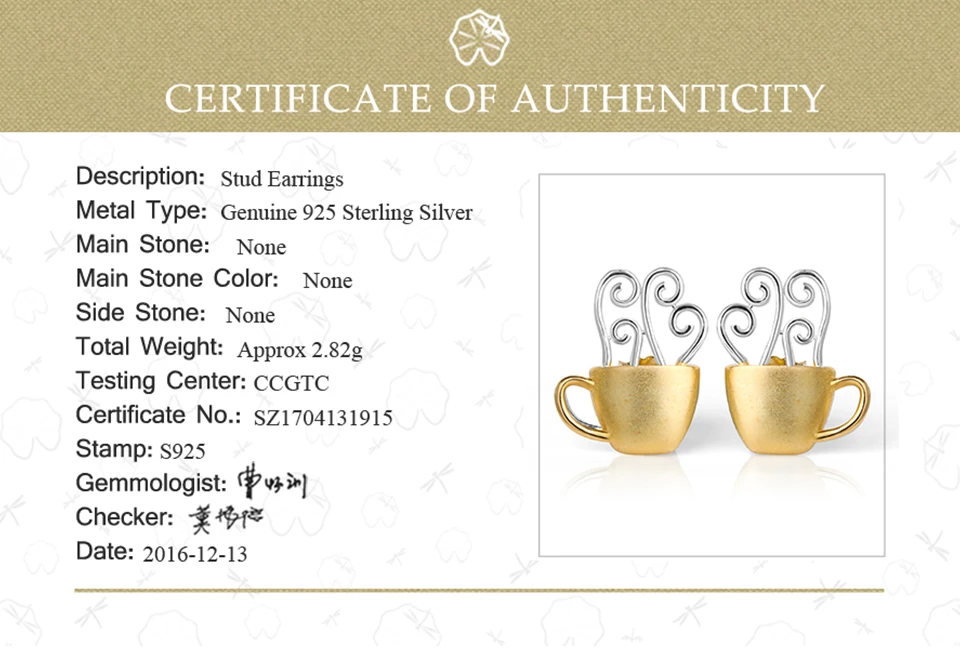 Lotus весело Настоящее серебро 925 проба заклепки творческий ручной Fine Jewelry чашка горячего кофе стильные серьги-гвоздики для Для женщин Brinco