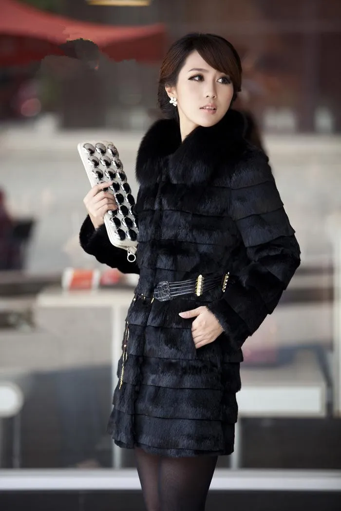 Черная/белая женская длинная куртка из искусственного меха кролика Рекс