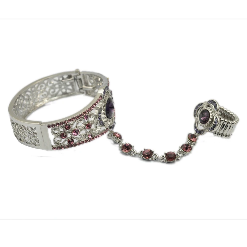 

Special Unique Design Hand Chain Crystal Flower Cuff Bangle With Finger Ring Fashion Accessory