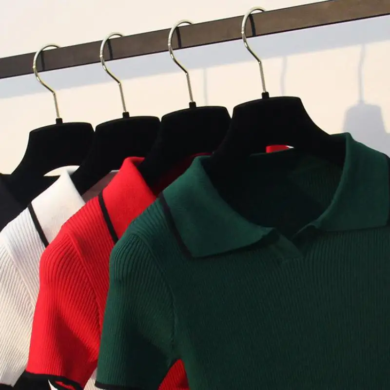 Женские летние трикотажные рубашки пуловеры с отложным воротником 2019 поло из