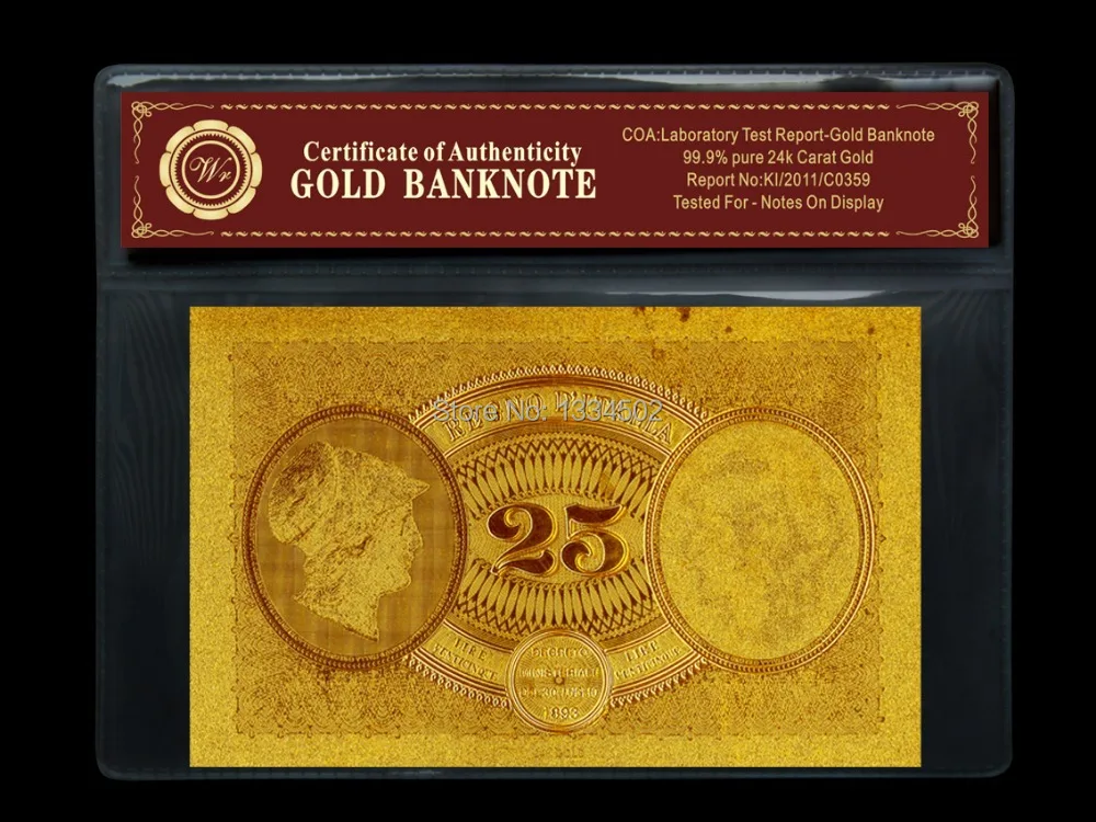Золотые банкноты 25 лир с сертификатом и держателем из ПВХ | Дом сад