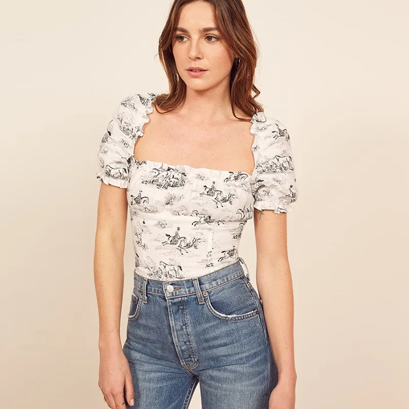 2019 летний квадратный воротник короткий топ с принтом женская уличная винтажный