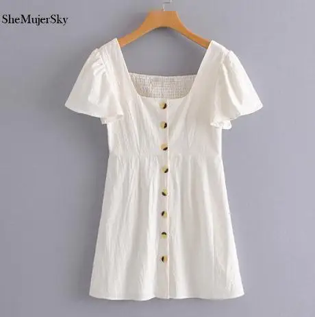 white dress Shemujersky, хлопковые платья для женщин, одноцветное, короткий рукав, с пуговицами, ТРАПЕЦИЕВИДНОЕ, квадратный воротник, Дамское элегантное платье - Color: white dress