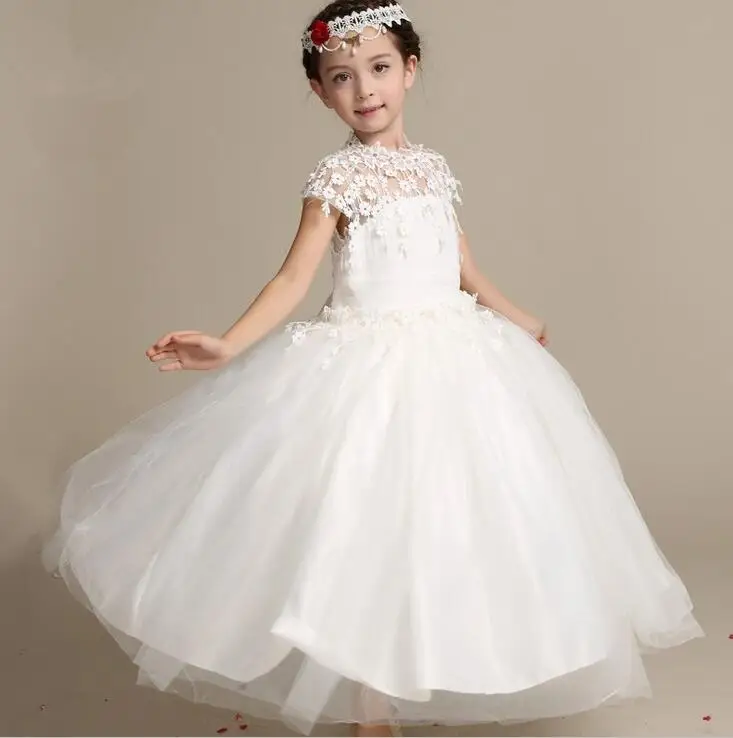 Girl Lace Long Dress With Sweet Flower For Age 3-12 Baby Kids Princess Wedding Prom Party White Big Bow Short Sleeve | Детская одежда и