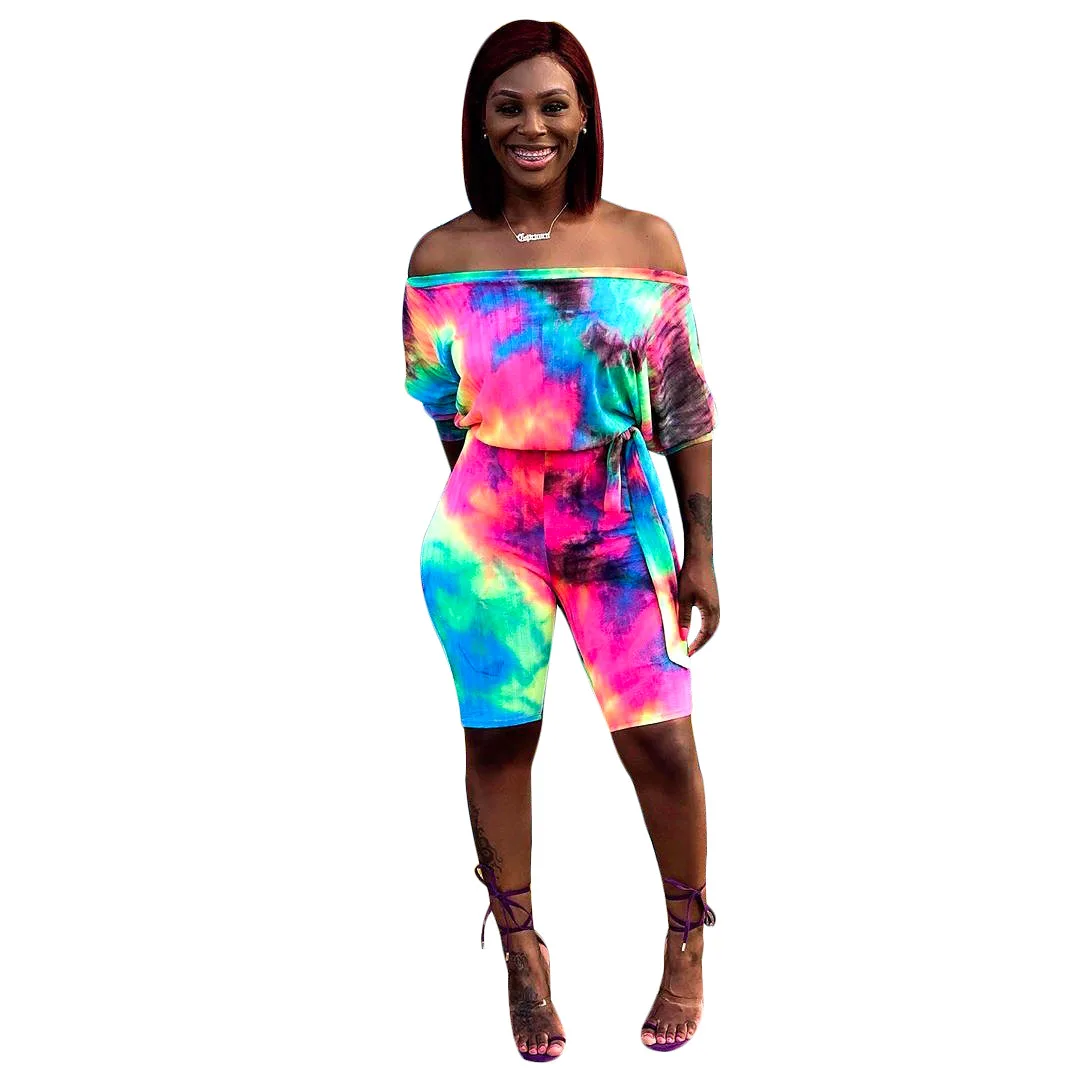Радужный Tie Dye сексуальный обтягивающий комбинезон для женщин с вырезом лодочкой и длинным рукавом цельный комбинезон летний пляжный костюм с открытой спиной