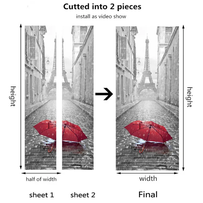 006-cutted into 2pcs Креативные наклейки на двери из цельного куска для гостиной, самоклеящиеся ПВХ, Индивидуальный размер, 3D обои, деревянные наклейки для ремонта дверей - Цвет: 006-cutted into 2pcs