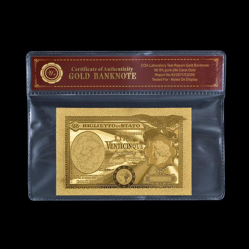 Золотые банкноты 25 лир с сертификатом и держателем из ПВХ | Дом сад