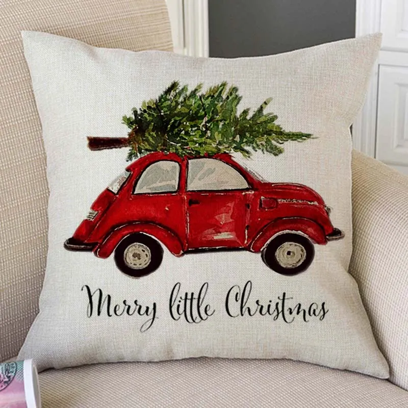 Watercolor Art Red Car Carrying Christmas Tree Gift Christmas Decoration Sofa Throw Pillow Case Cotton Linen Xmas Cushion Cover