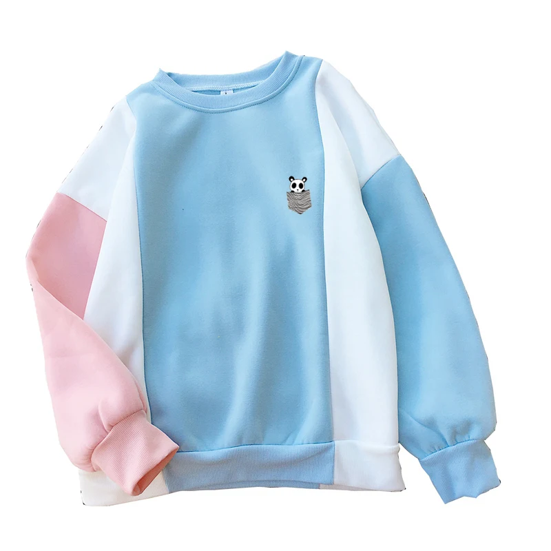 

Women Panda Print Kawaii Cartoon Sweatshirt Female Casual Loose Harajuku Fleece Spell Color Drop Shoulder Hoodies Sudadera Mujer