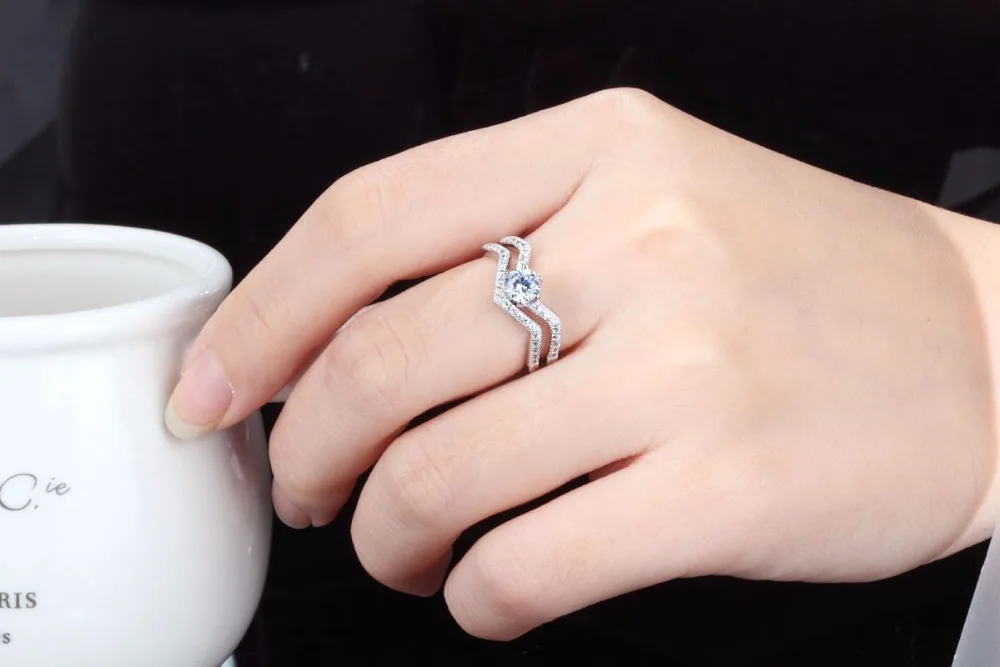 Набор из 2 колец-S92 цельное обручальное кольцо стерлингового серебра с фианитом