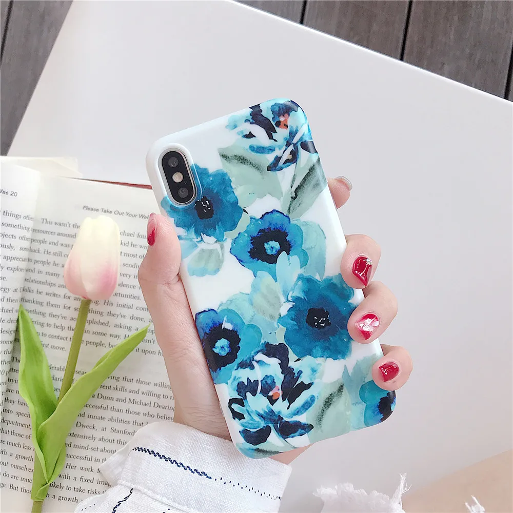Для Apple iPhone 6 8 Plus X 6s 7 чехол высокого качества бампер цветочный корпус синий