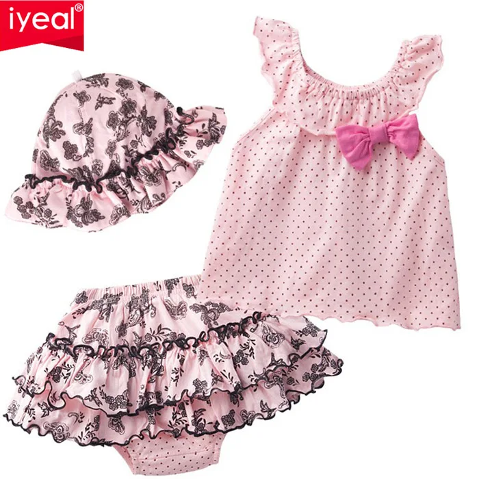 Pink 3PCS set IYEAL/ летний комплект одежды для маленьких девочек, детская хлопковая футболка+ штаны-пачка+ шапка, комплект одежды из 3 предметов для новорожденных 0-2 лет - Цвет: Pink 3PCS set