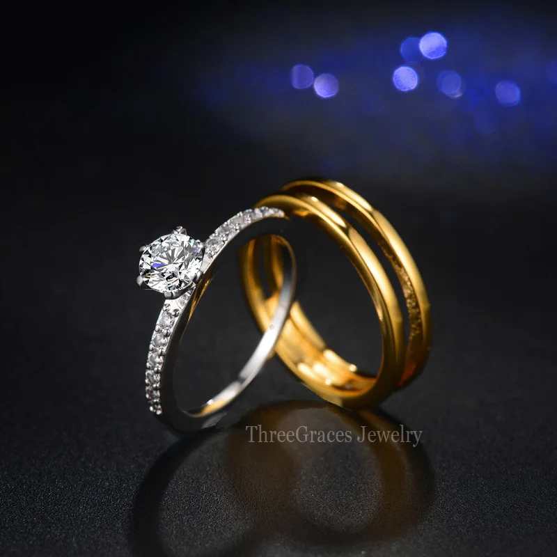 Threegraces Jewelry новые модные золотые Цвет и белого золота Цвет Нежный CZ камень Для женщин стекируемые двойные кольца для свадьбы RG034