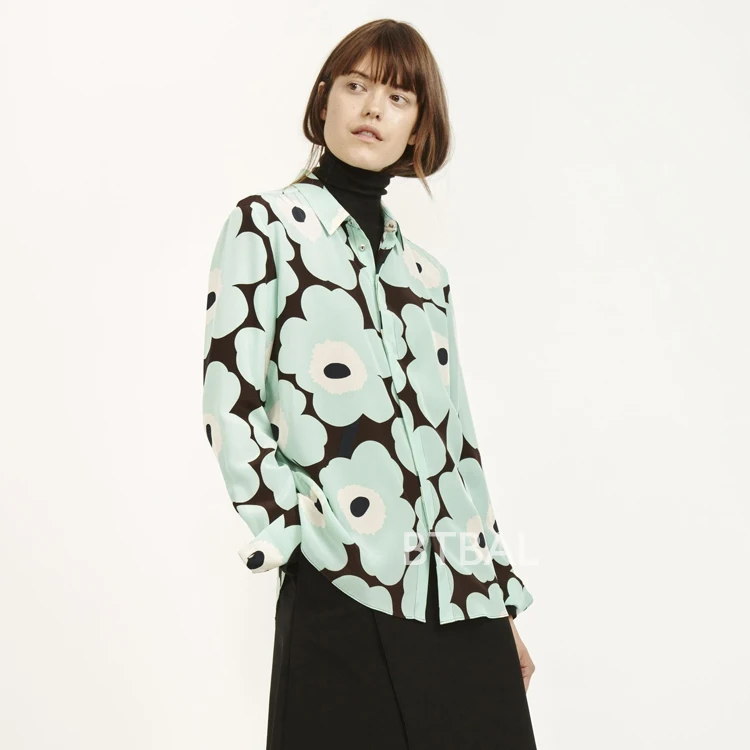 Зеленый 2 цвета, Finland MEKKO, шелк, цветок мака, женская рубашка с длинным рукавом, женская Свободная блузка - Цвет: Зеленый