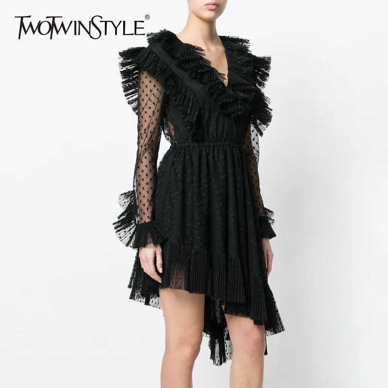 Платье TWOTWINSTYLE Сетчатое с высокой талией и длинным рукавом|Женские платья| |