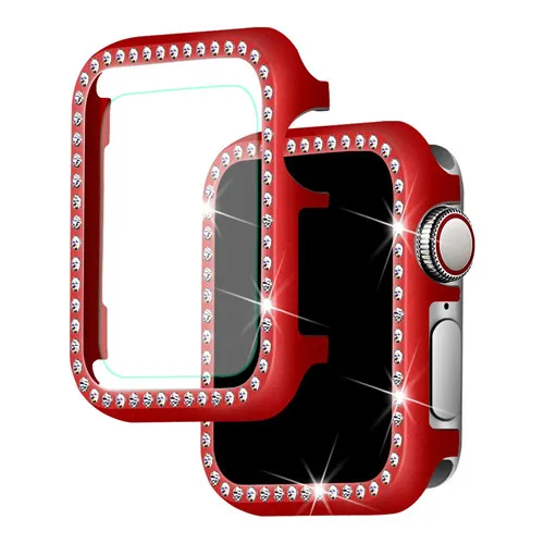 red Хохлатый Алмазный чехол+ стекло для apple watch 4 3 apple watch band чехол 42 мм/38 мм iwatch band 44 мм/40 мм Кристальный защитный чехол - Цвет: red