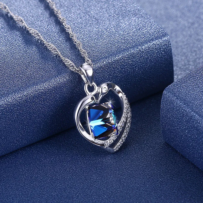 Кулон с лебедем и голубым кристаллом Swarovski колье сердцем из стерлингового