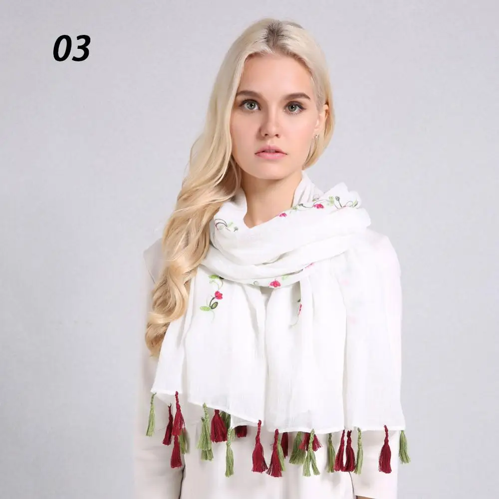 03 White Sparsil женский весенний хлопковый льняной шарф с вышивкой, летний длинный большой шарф с кисточками, мягкий головной платок, хиджаб, летняя пляжная шаль - Цвет: 03 White