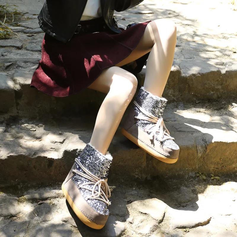 Женские ботинки кашемировые Теплые ботильоны на платформе с блестками для