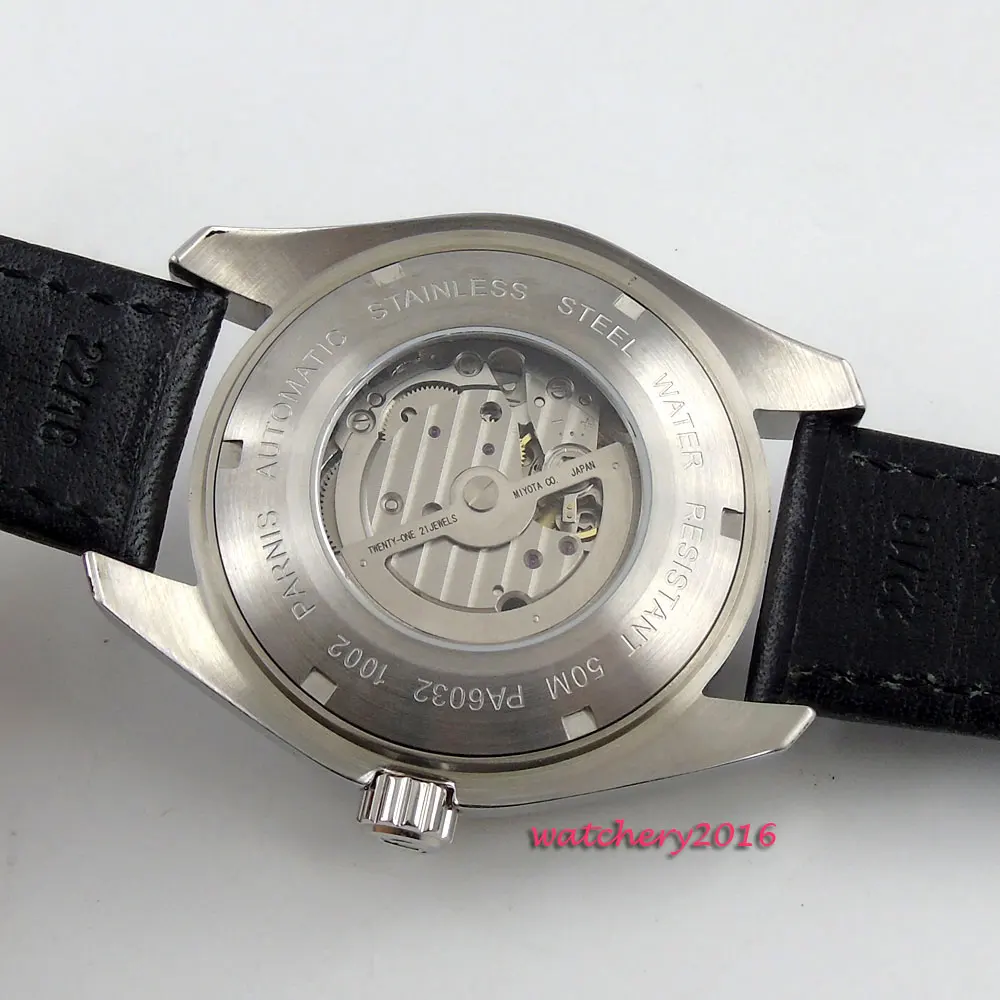 

New 45mm Parnis black dial sapphire Crystal Date 21 jewels miyota mens watches top brand luxury automatic mechanical Men's Watch