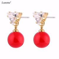 lureme fashion 10mm imitation red pearl stud earrings with cz triangle for women round earing brincos