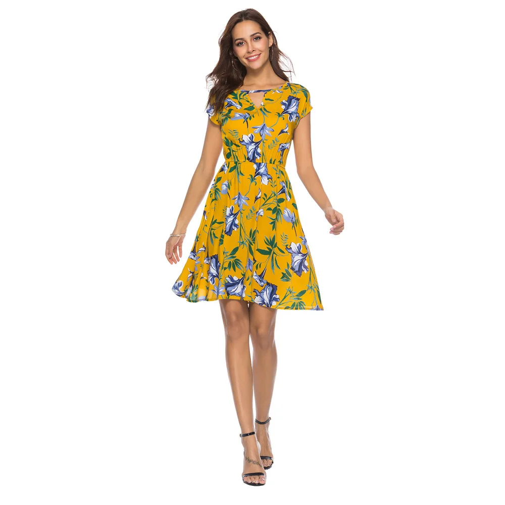 Женское платье из вискозы с принтом круглым вырезом короткими рукавами