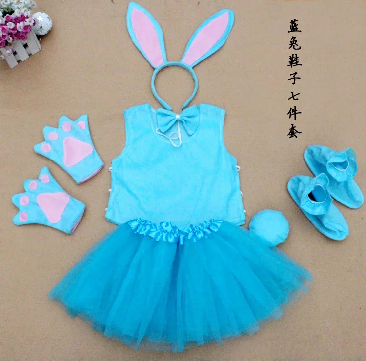 blue rabbit Детский костюм животного для косплея: лягушка, кролик, медведь, слон, мышь, пчела, лиса, краб, лиса, костюм животного для косплея, повязка на голову, жилет, юбка, перчатки, обувь для детей - Цвет: blue rabbit