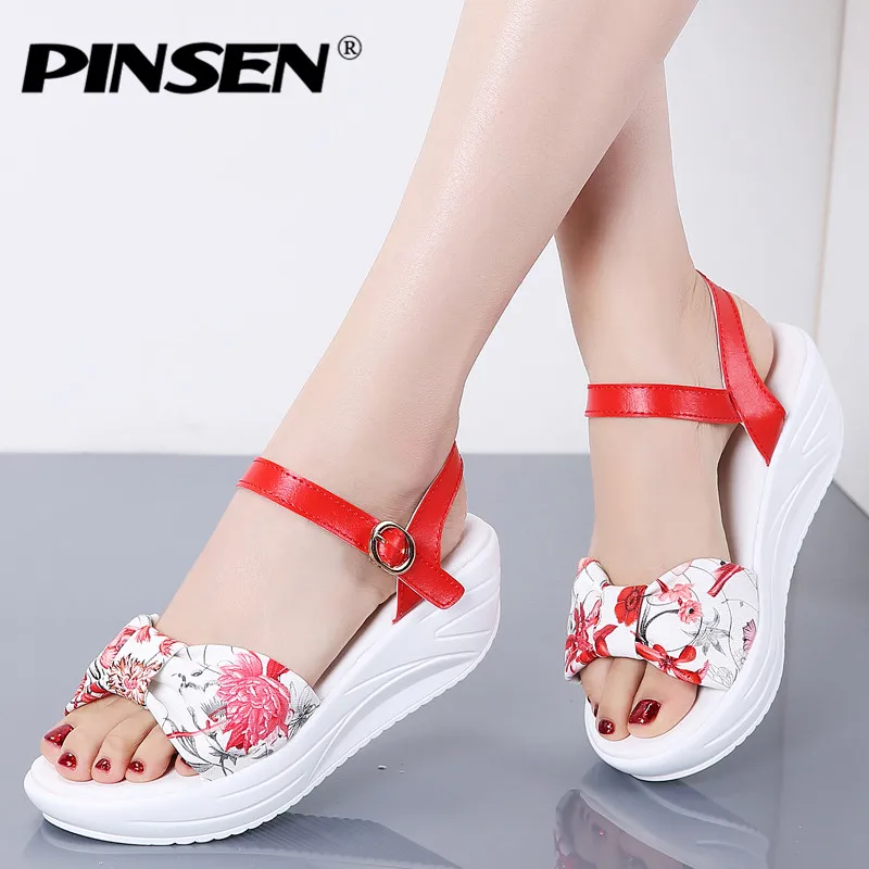 PINSEN/Модные женские босоножки; Босоножки на платформе и высоком каблуке; Женская Повседневная Удобная обувь с цветочным принтом и бантом; женская обувь на ремешке с пряжкой