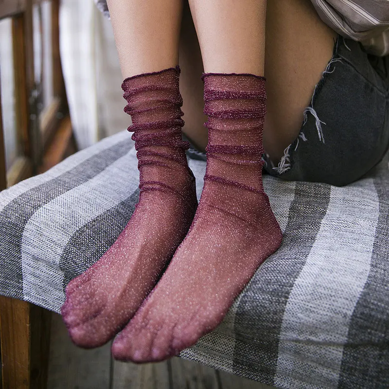 Короткие шелковые чулки calcetines женские модные прозрачные сетчатые с серебристым