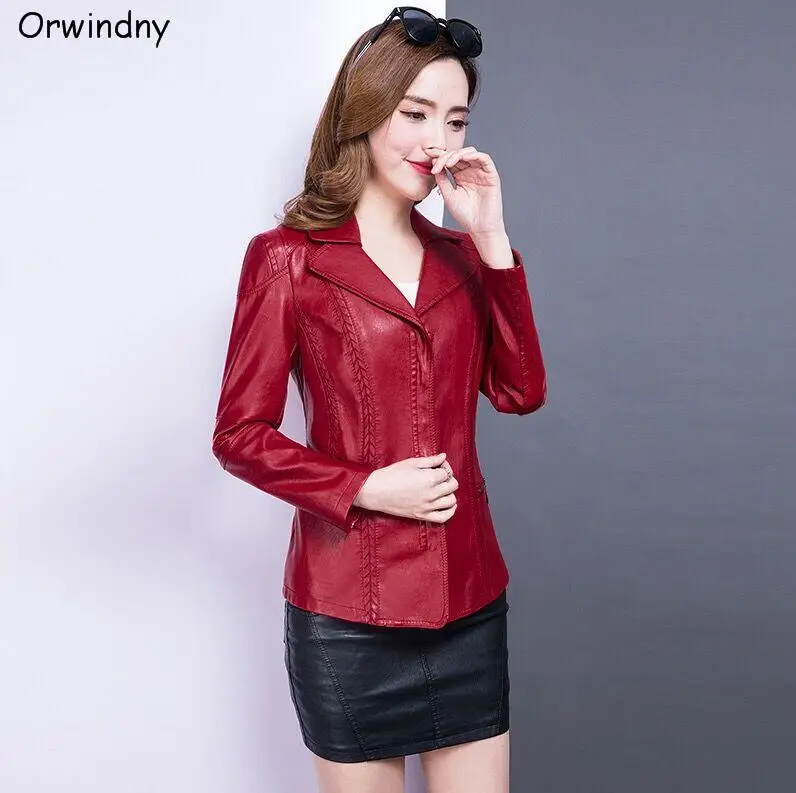 Красный Orwindny женская кожаная куртка размера плюс 5XL кожаное пальто женское с отложным воротником Повседневная женская одежда кожаная замшевая верхняя одежда - Цвет: Красный