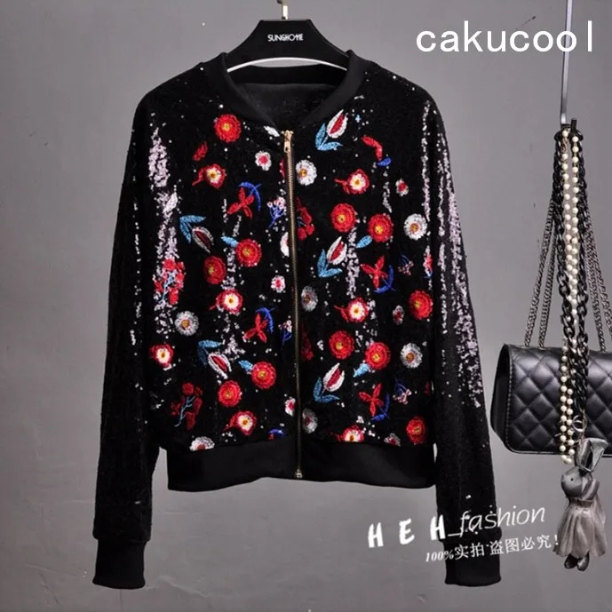 black Cakucool, Хит, бейсбольные куртки с блестками, с цветочной вышивкой, черные, с длинным рукавом, короткие пальто, весна, повседневные, новинка, пальто, куртка для девушек - Цвет: black