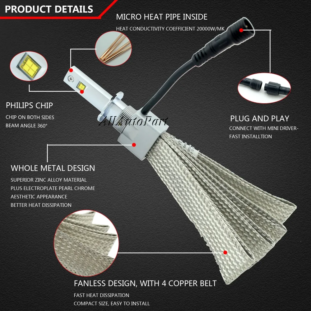 H1 H3 H4 H7 H8/H9/H11 9005 9006 H13 80 Вт 6000 К супер яркий 6s Белый светодиодный автомобильный